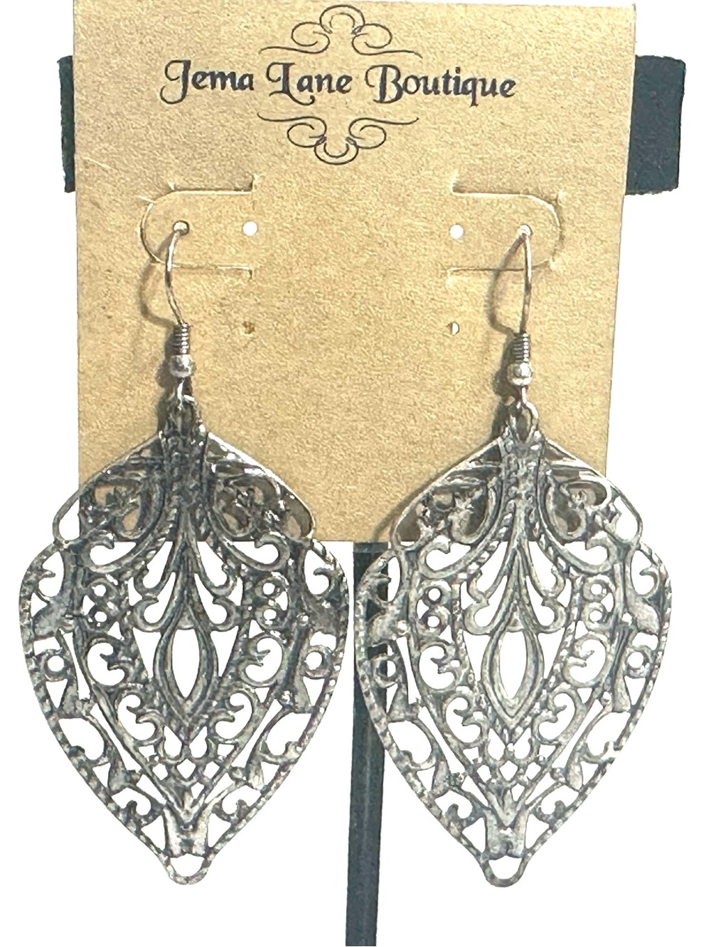 Filigree Leaf Teardrop Silver Tone Dangle Earrings Fairycore Delicate